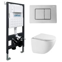 Комплект подвесной унитаз ABBER Bequem AC1131TC белый, с закрытым дном с инсталляцией AC0105 и кнопкой AC0120 хром глянцевый