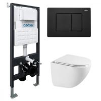 Комплект подвесной унитаз ABBER Bequem AC1131TC белый, с закрытым дном с инсталляцией AC0105 и кнопкой AC0120MB черный матовый