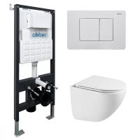 Комплект подвесной унитаз ABBER Bequem AC1131TC белый, с закрытым дном с инсталляцией AC0105 и кнопкой AC0120MW белая матовая