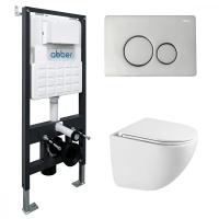 Комплект подвесной унитаз ABBER Bequem AC1131TC белый, с закрытым дном с инсталляцией AC0105 и кнопкой AC0121 хром глянцевый