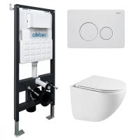 Комплект подвесной унитаз ABBER Bequem AC1131TC белый, с закрытым дном с инсталляцией AC0105 и кнопкой AC0121MW белая матовая