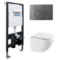 Комплект подвесной унитаз ABBER Bequem AC1131TC белый, с закрытым дном с инсталляцией AC0105 и кнопкой AC0121NG никель