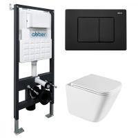 Комплект подвесной унитаз ABBER Rechteck AC1219TC белый, с закрытым дном с инсталляцией AC0105 и кнопкой AC0120MB черный матовый