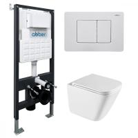 Комплект подвесной унитаз ABBER Rechteck AC1219TC белый, с закрытым дном с инсталляцией AC0105 и кнопкой AC0120MW белая матовая