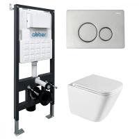 Комплект подвесной унитаз ABBER Rechteck AC1219TC белый, с закрытым дном с инсталляцией AC0105 и кнопкой AC0121 хром глянцевый