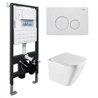 Комплект подвесной унитаз ABBER Rechteck AC1219TC белый, с закрытым дном с инсталляцией AC0105 и кнопкой AC0121MW белая матовая