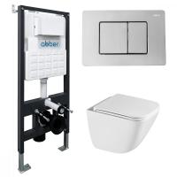 Комплект подвесной унитаз ABBER Rechteck AC1220TC белый, с закрытым дном с инсталляцией AC0105 и кнопкой AC0120 хром глянцевый