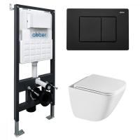 Комплект подвесной унитаз ABBER Rechteck AC1220TC белый, с закрытым дном с инсталляцией AC0105 и кнопкой AC0120MB черный матовый