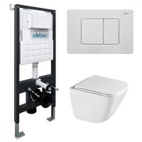 Комплект подвесной унитаз ABBER Rechteck AC1220TC белый, с закрытым дном с инсталляцией AC0105 и кнопкой AC0120MW белая матовая