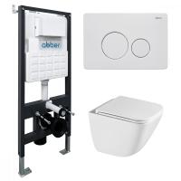 Комплект подвесной унитаз ABBER Rechteck AC1220TC белый, с закрытым дном с инсталляцией AC0105 и кнопкой AC0121MW белая матовая