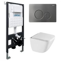 Комплект подвесной унитаз ABBER Rechteck AC1220TC белый, с закрытым дном с инсталляцией AC0105 и кнопкой AC0121NG никель